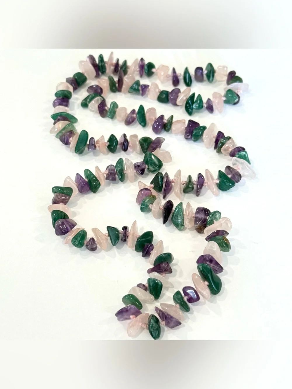 Jade Amethyst Rose Quartz Hand Knotted Necklace Vintage Estate Stone Purple Pink